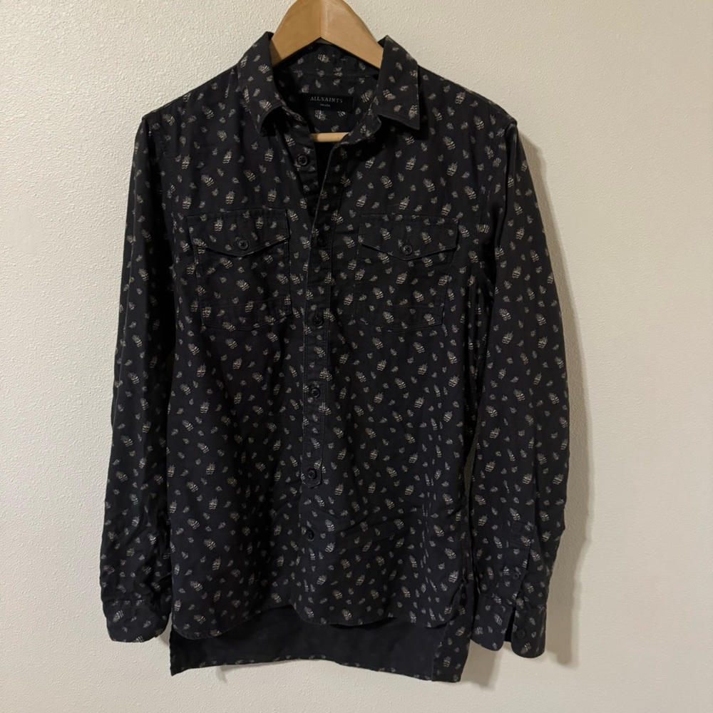 All Saints Pinehurst Long Sleeve Button Up Shirt Gray Feather Print Cotton-Small